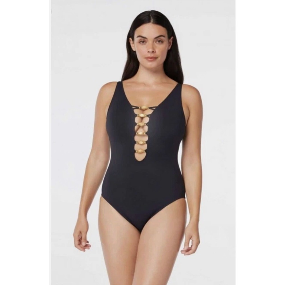 Bleu Rod Beattie Swim Paradise Found 4 Black Gold Lace Up Strappy Back